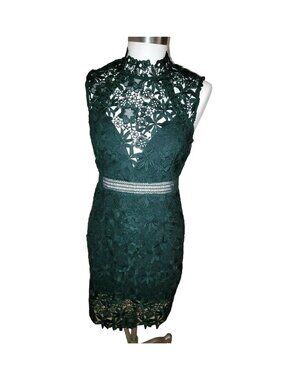 Hunter Green Lace Overlay Midi Dress Size 8 Medium Bodycon Sleeveless jj3545